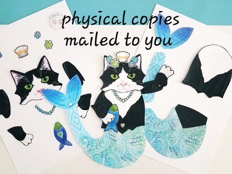 Purrmaid Tuxedo Cat Paper Doll, Articulated Paper Doll, Physical Mailed Version image 3