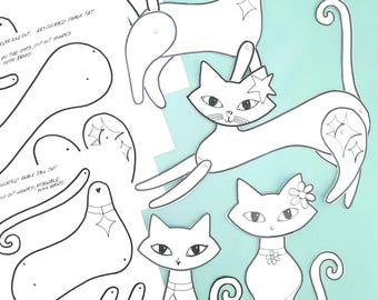 Color and Cut Cats, Mid Century Modern, Articulated Paper Doll Cats, Mailed version
