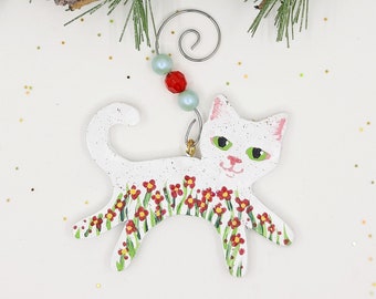 White Cat Ornament, Cat in Red Flowers, Personalized Cat, Cat Christmas Ornament