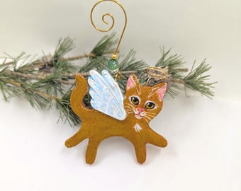 Ginger Kitty Angel Ornament: Hand-Painted Polymer Clay Memorial Ornament