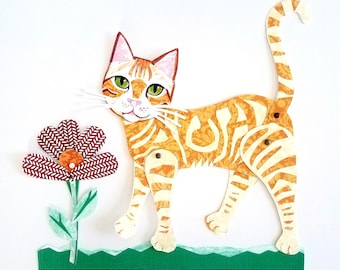 Orange Tabby Cat Paper Doll with Flower: Articulated Mailed Version