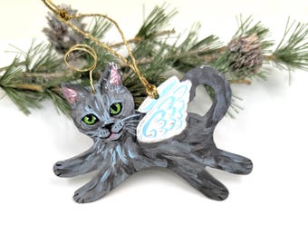 Gray Cat Angel: Hand Painted Cat Ornament