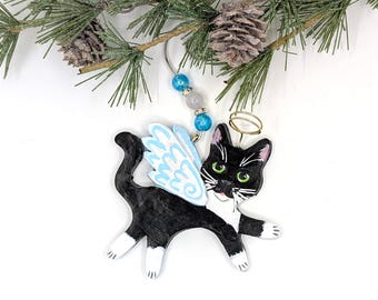 Tuxedo Cat Angel Ornament: Hand-Painted Polymer Clay Memorial