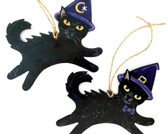 Hand Painted Black Cat Witch Ornament: Halloween Decor
