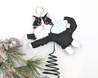 Tuxedo Cat Angel Tree Topper, Cat Figurine