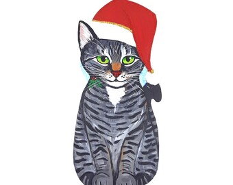 Hand Painted Tabby Cat Christmas Wall Art - Personalized