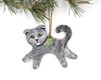 Scottish Fold Cat Ornament: Hand-Painted Polymer Clay, Cat Lover Gift