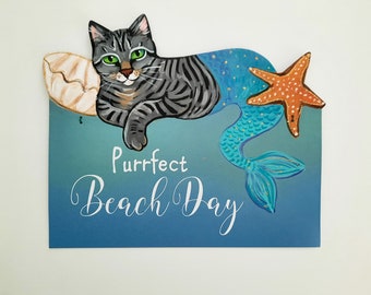 Tabby Cat Purrmaid, Cat Wall Art, Purrfect Beach Day