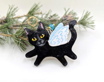 Black Kitty Cat Angel Ornament: Handmade Polymer Clay Memorial