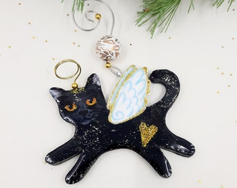 Black Cat Angel Ornament, Handmade Cat Ornament, Cat Memorial Gift