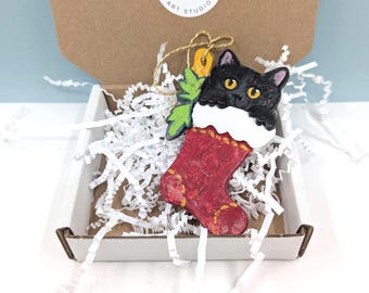 Black Cat Christmas Ornament: Hand-Painted Polymer Clay, Personalized