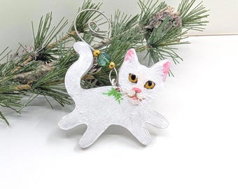White Cat Ornament: Handmade Polymer Clay