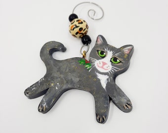 Gray Tuxedo Cat Ornament, Personalized Cat, Cat Christmas Ornament