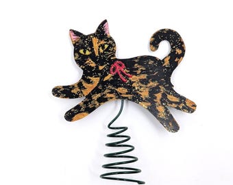 Tortoiseshell Cat Tree Topper Figurine, Hand Painted, Red Bow