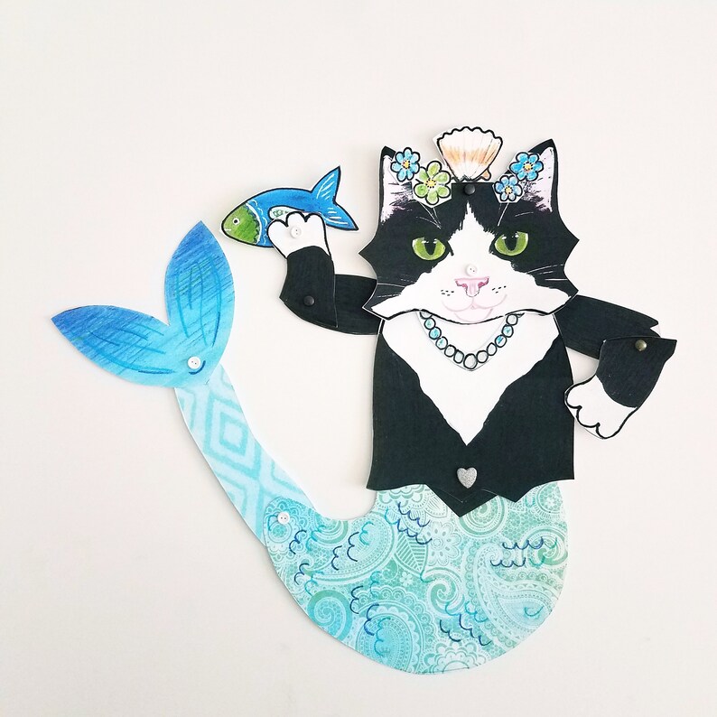 Purrmaid Tuxedo Cat Paper Doll, Articulated Paper Doll, Physical Mailed Version image 2