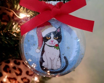 Black and White Cat Ornament in a Santa Hat, Cat Christmas Ornament, Personalized Gift for Cat Lover