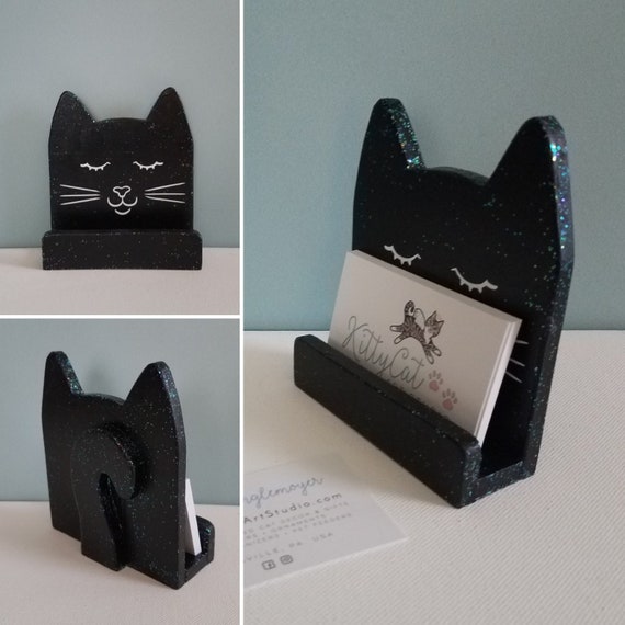 Black Cat Card Holder Business Card Holder Cute Desk Etsy