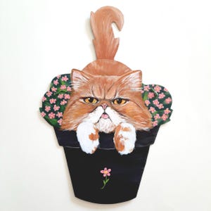 Hand Painted Persian Cat Art: Flower Pot Metal Wall Hanging