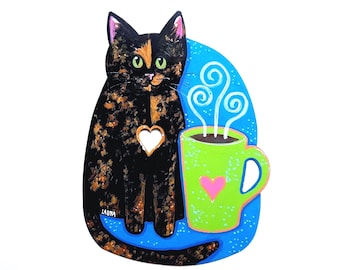 Hand Painted Tortoiseshell Cat Coffee Art - Metal Cafe Sign