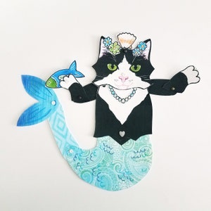 Purrmaid Tuxedo Cat Paper Doll, Muñeca de papel articulada, Versión física por correo imagen 4