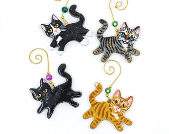 The Kittens: Handmade Cat Ornaments, Tuxedo, Tabby and Black Cats, Polymer Clay Art