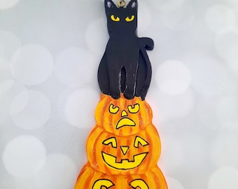 Black Cat with Jack-o-lanterns Ornament, Halloween, Personalized Ornament