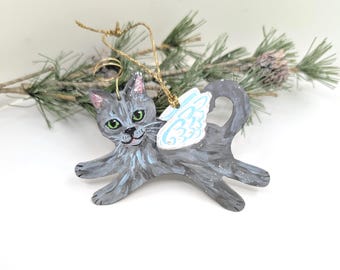 Gray Cat Angel: Hand Painted Cat Ornament