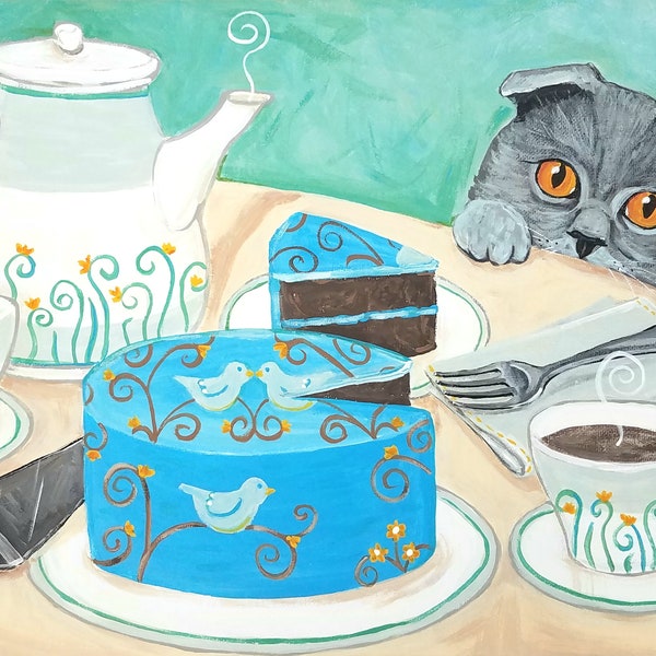 Cat Tea Party, Scottish Fold Cat, Tea Party Painting, Original Art, Cat Lover Gift