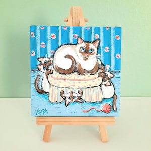 Siamese Cat Painting, Mama Cat Needs Rest, Cat Lover Art, Mini Painting