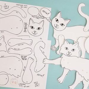 Cat Paper Doll Printable, You Cut and Color, Articulated Paper Doll Pattern, 2 Cats Longhair and Shorthair, Instant DIY Download image 1