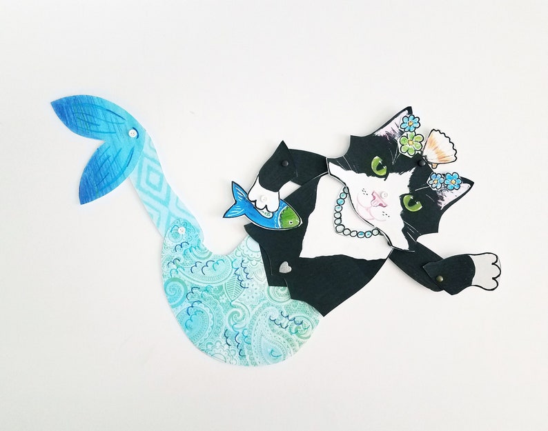 Purrmaid Tuxedo Cat Paper Doll, Muñeca de papel articulada, Versión física por correo imagen 5