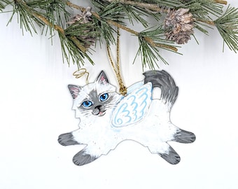Hand Painted Himalayan Cat Ornament: Personalized Cat Angel, Gray