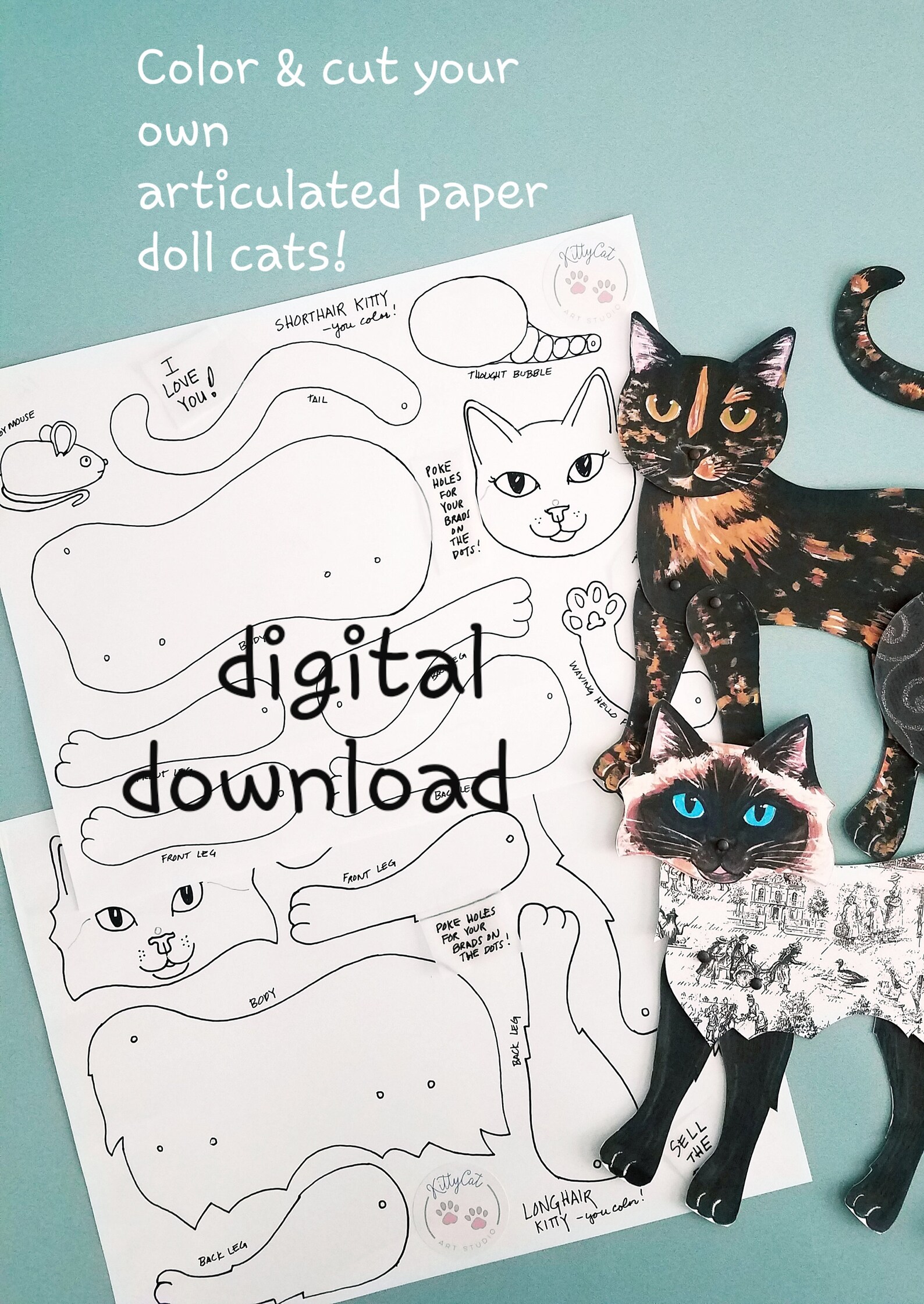 Cat Paper Doll Printable You Cut and Color Articulated Paper - Etsy Norway