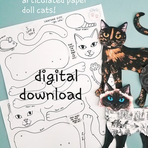 Cat Paper Doll Printable, You Cut and Color, Articulated Paper Doll Pattern, 2 Cats Longhair and Shorthair, Instant DIY Download image 2
