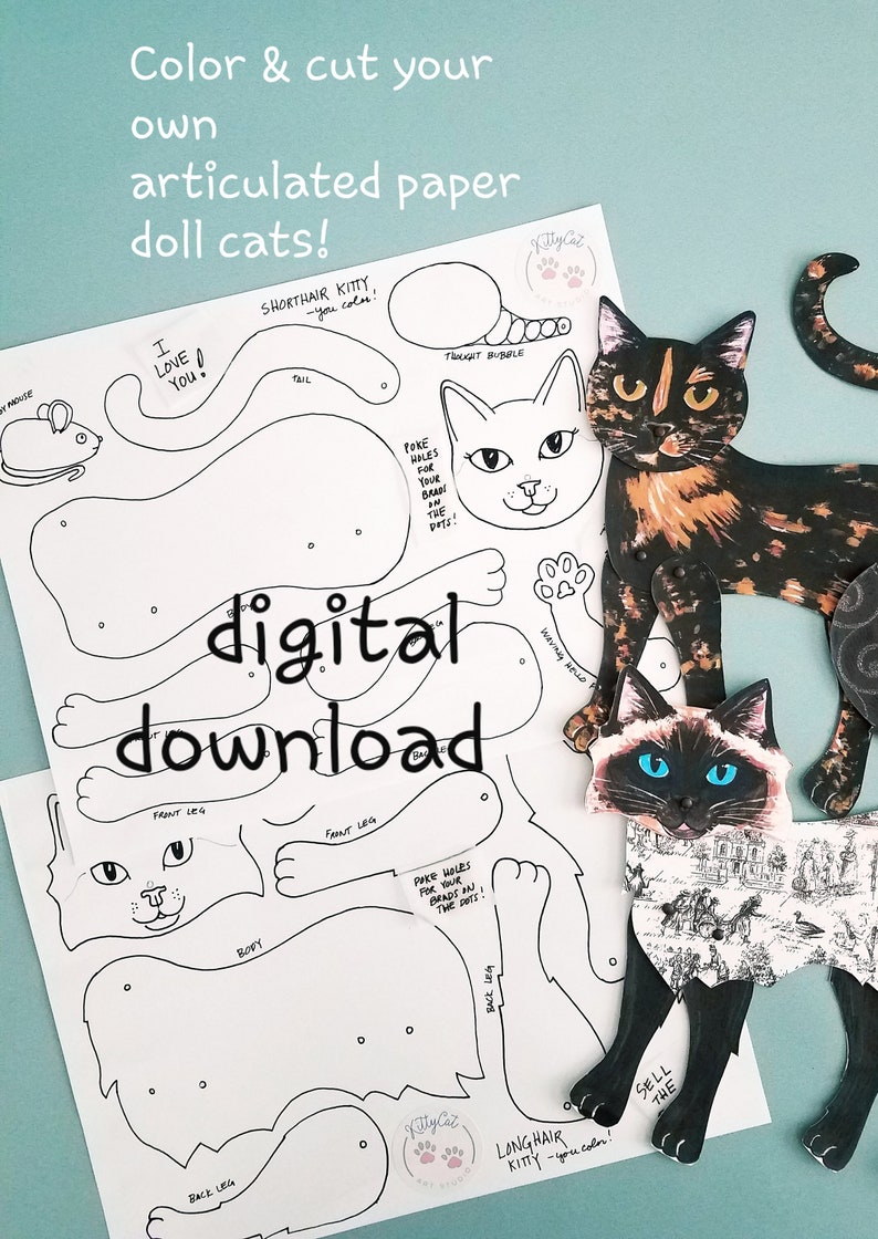 Cat Paper Doll Printable, You Cut and Color, Articulated Paper Doll Pattern, 2 Cats Longhair and Shorthair, Instant DIY Download image 2