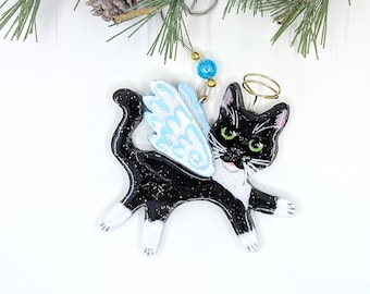 Tuxedo Cat Angel Ornament: Hand-Painted Polymer Clay Memorial Ornament