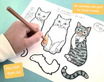 Puede incluir: Una mano coloreando un marcapáginas de gato con un lápiz marrón. La imagen muestra tres ilustraciones de gatos con colas articuladas, listas para colorear y recortar. El texto en la imagen dice: "Descargas e imprimes para acceso instantáneo."