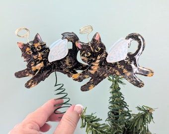 Hand Painted Tortoiseshell Cat Figurine: Metal Tree Topper, Cat Memorial