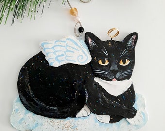 Tuxedo Cat Angel Ornament, Cat Memorial Gift, Christmas Cat Ornament