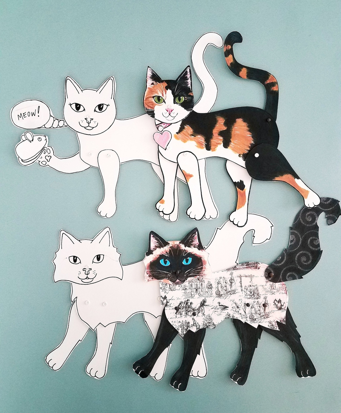 Cat Paper Doll Printable You Cut and Color Articulated Paper - Etsy Norway