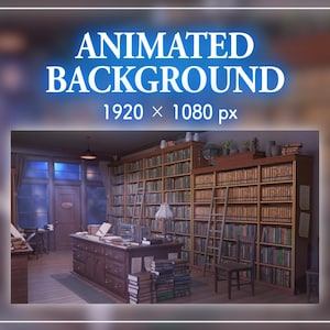 Puede incluir: Imagen de fondo animada de un interior de biblioteca, con el texto "ANIMATED BACKGROUND" y "1920 x 1080 px" en blanco. La biblioteca presenta altas estanterías llenas de libros, un escritorio y una escalera.