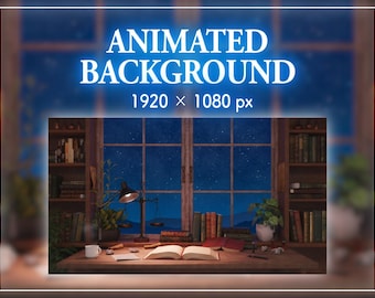 Puede incluir: Imagen de fondo animada que presenta una escena de estudio acogedora. La imagen muestra un escritorio de madera con libros, una lámpara y una ventana que da a una noche estrellada. El texto en la parte superior dice "ANIMATED BACKGROUND 1920 x 1080 px."