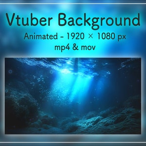 Puede incluir: Fondo animado para Vtuber que muestra una escena submarina con luz solar filtrándose a través del agua. La imagen es de 1920 x 1080 px y está disponible en formatos mp4 y mov. La escena incluye corales y burbujas.