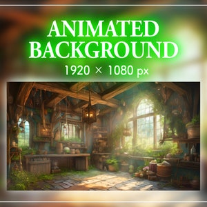 Puede incluir: Una habitación rústica y soleada con techo de madera y suelo de piedra. La habitación está llena de plantas, hierbas y otros elementos naturales. Hay estantes llenos de frascos y botellas, y una gran ventana deja entrar la luz natural. La habitación tiene 1920 x 1080 píxeles.