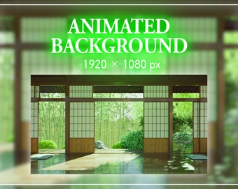 May include: A digital illustration of a Japanese-style room with sliding doors and a view of a lush green garden. The room has a wooden floor and a pond with lily pads. The text "ANIMATED BACKGROUND 1920 x 1080 px" is displayed at the top of the image.