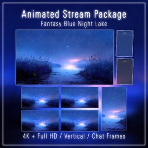 Può includere: Pacchetto stream animato con tema lago notturno blu fantasy. Include una scena animata principale, cornici chat e schermate di sovrapposizione con testo come "Be Back Soon" e "Starting Soon". Progettato per lo streaming in 4K e Full HD.