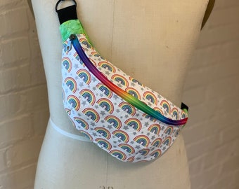 Rainbow Quilted Cotton Fanny Pack, Medium Bum Bag, Zippered Crossbody Bag, Rainbow Bum Bag, LGBTQ PRIDE bag, tote bag, festival bag