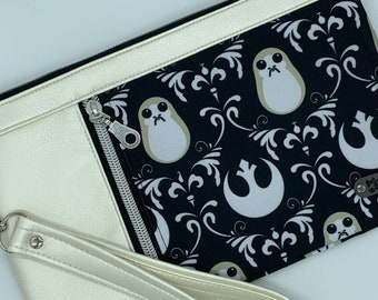Clutch fofa com zíper em formato de pássaro espacial, bolsa inspirada em Space Wars, bolsa Space Wars, presentes Space Wars, bolsa adorável, bolsa Porg, presente Space Wars para esposa