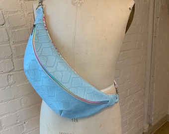 Baby Blue Embossed Vegan Leather Fanny Pack, Large Bum Bag, Zippered Crossbody Bag, Rainbow Fanny Pack, Rainbow Bum Bag, festival bag