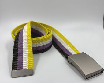 Nonbinary Pride 1.5” (38mm) 100% cotton webbing belt - matte silver buckle - LGBTQ Pride, gay pride, nonbinary pride accessories